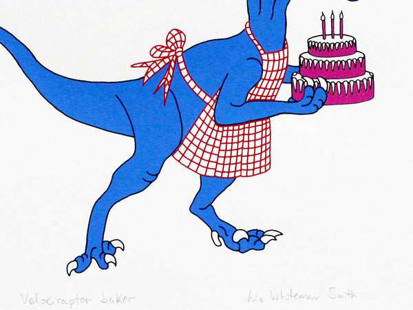 Blue velociraptor holding a pink iced three tiered cake screen print