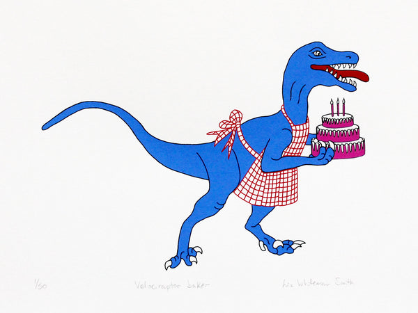 Blue velociraptor holding a pink iced three tiered cake screen print