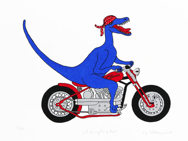Blue velociraptor riding a red Harley Davidson wearing a red spotted bandana print