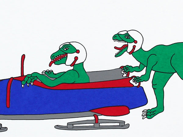 Print of Green dinosaurs ready to slide  off on their bobsleigh