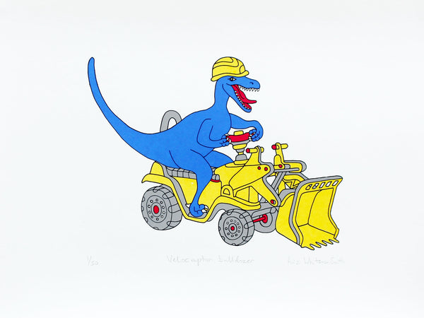 Blue Dinosaur on a yellow bulldozer print
