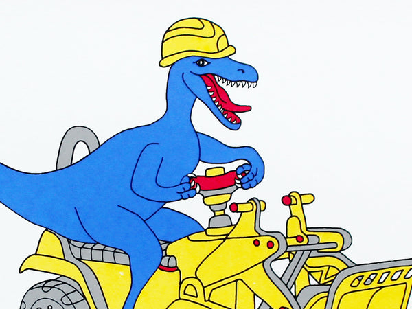 Blue Dinosaur on a yellow bulldozer print