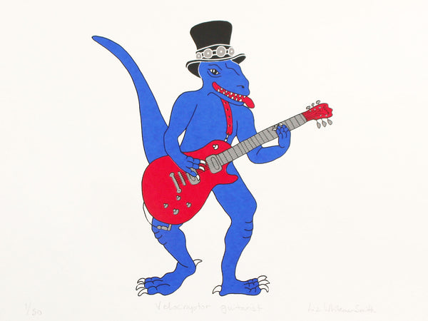 Blue dinosaur playing a Gibson guitar screen print