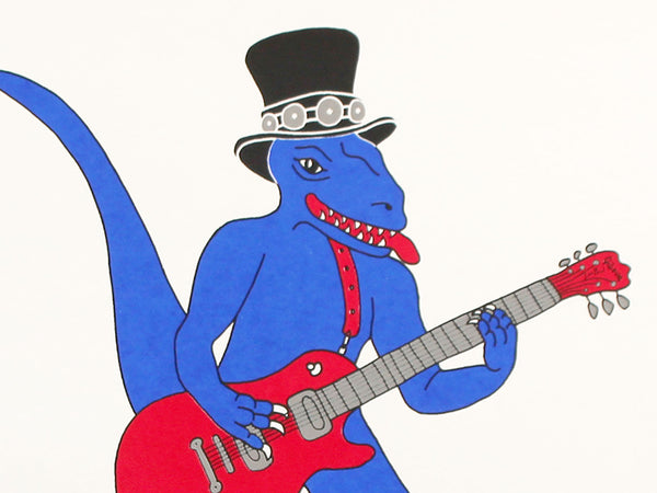Blue dinosaur playing a Gibson guitar screen print