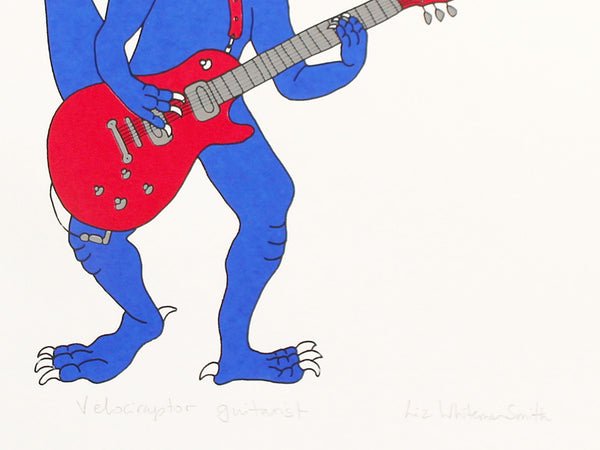 Blue dinosaur playing a Gibson guitar screen print