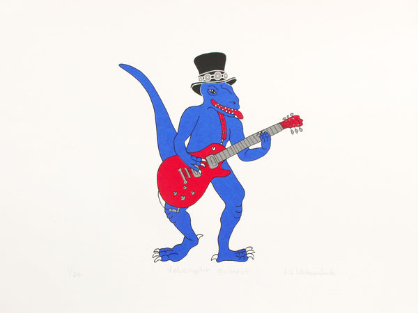 Blue dinosaur playing a Gibson guitar screen print