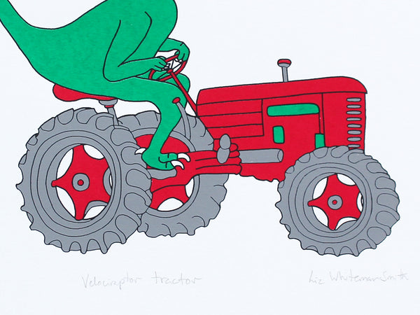 Green dinosaur on a red tractor with big wheels screen print