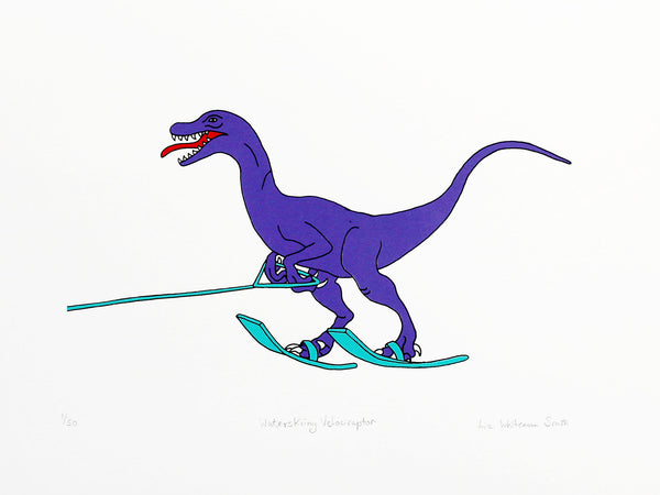 Print of a purple dinosaur waterskiing