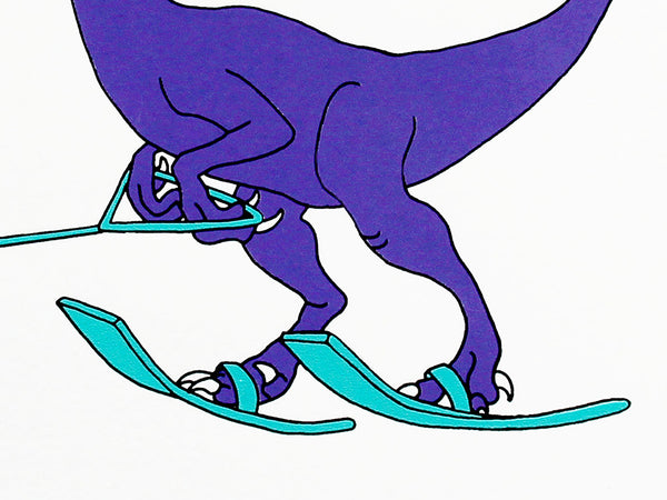 Print of a purple dinosaur waterskiing