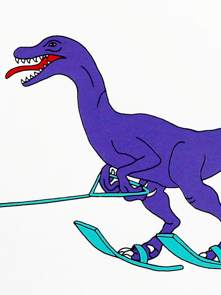 Print of a purple dinosaur waterskiing