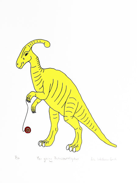 Print of a yellow dinosaur playing with a yo-yo