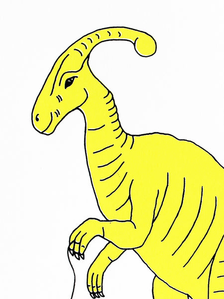 Print of a yellow dinosaur playing with a yo-yo