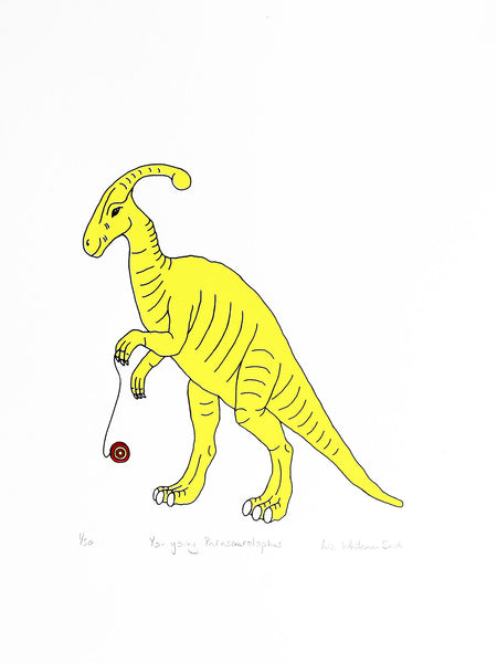 Print of a yellow dinosaur playing with a yo-yo
