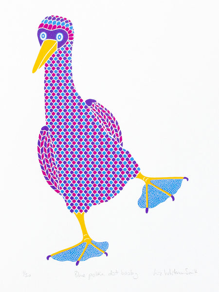 Blue dancing booby with blue polka dot feet screen print