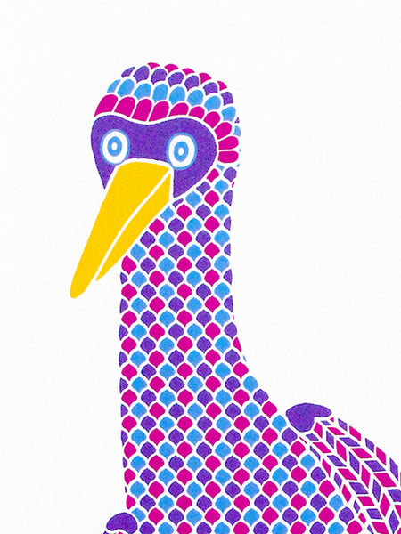 Blue dancing booby with blue polka dot feet screen print