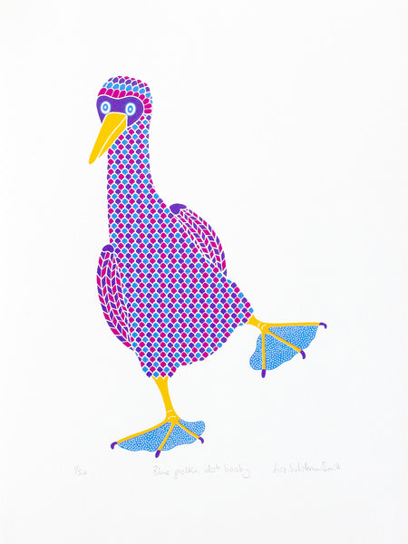 Blue dancing booby with blue polka dot feet screen print