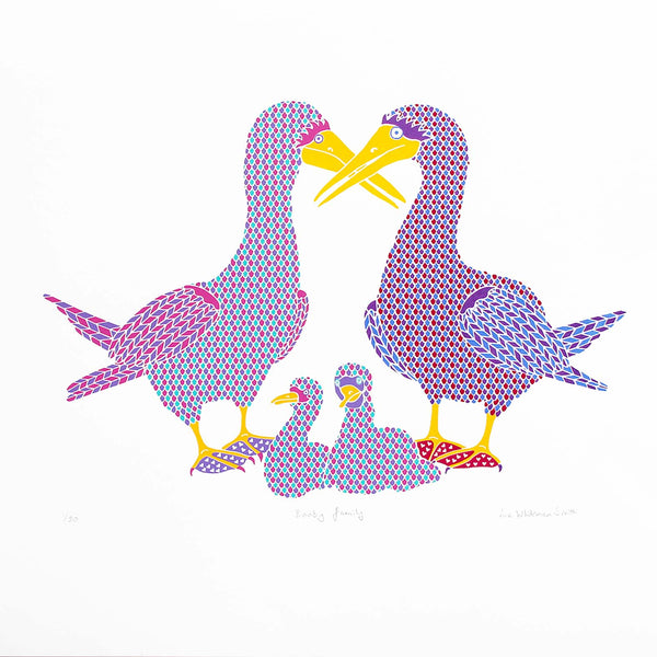 FAMILY OF DANCING BOOBY BIRDS WITH TWO CHICKS SCREEN PRINT