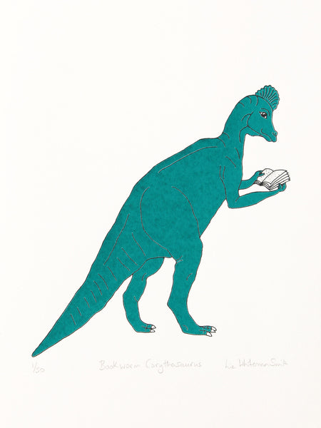 green dinosaur reading a book