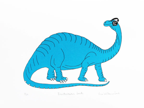 a print of a blue dinosaur listening to music wearing headphones