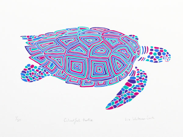 Colourful turtle screen print by Liz Whiteman Smith