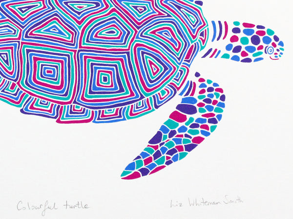 Colourful turtle screen print by Liz Whiteman Smith