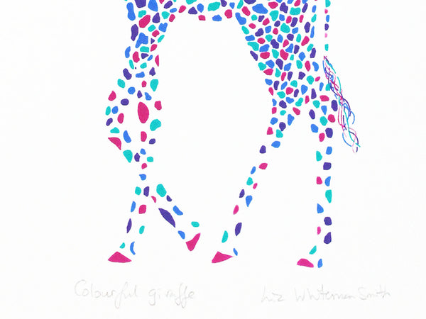 Colourful 4 colour screen print of a giraffe by Liz Whiteman Smith