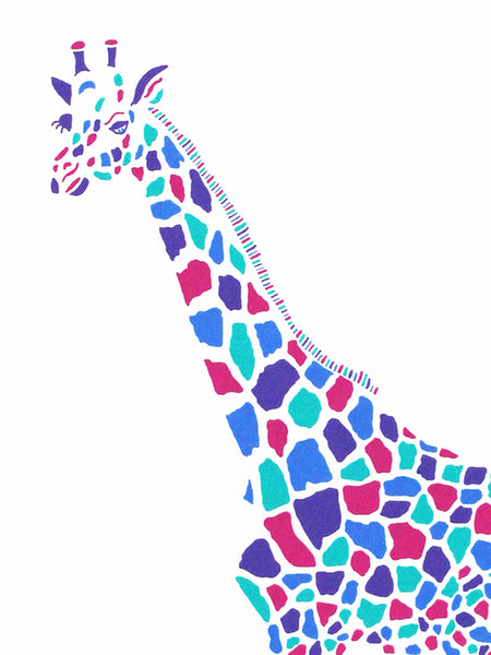 Colourful 4 colour screen print of a giraffe by Liz Whiteman Smith