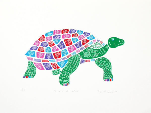 Giant heart tortoise screen print by Liz Whiteman Smith . Green tortoise with heart patterns on its shell