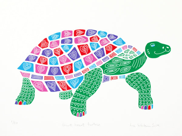 Giant heart tortoise screen print by Liz Whiteman Smith . Green tortoise with heart patterns on its shell