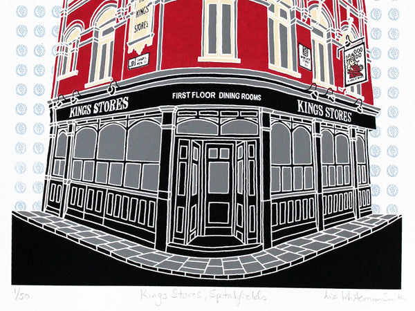 Kings Stores pub screen print by Liz Whiteman Smith
