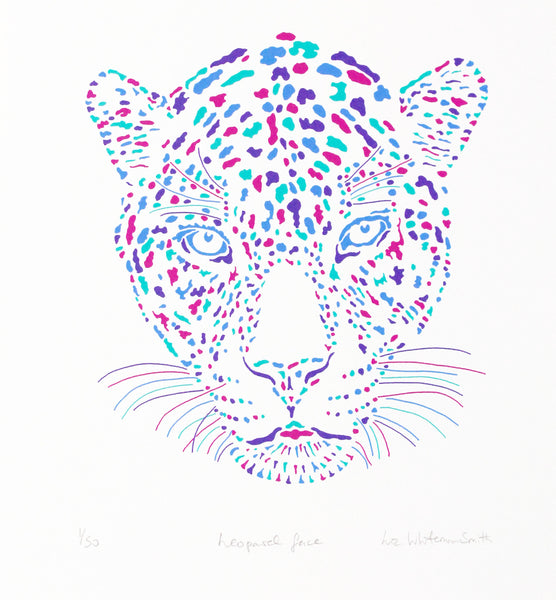Colourful Leopard face screen print by Liz Whiteman Smith