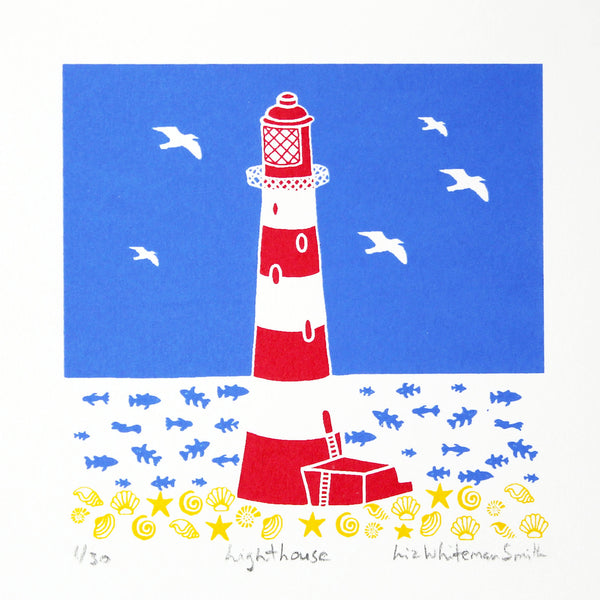 Red and white striped lighthouse with sea shell and fish motif 