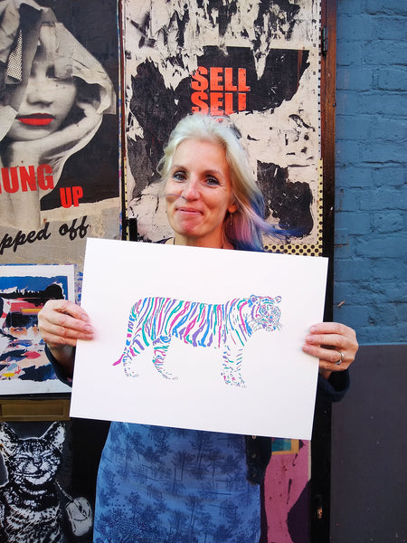 Brightly coloured  tiger screen print by Liz Whiteman Smith
