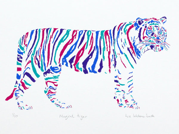 Brightly coloured  tiger screen print by Liz Whiteman Smith