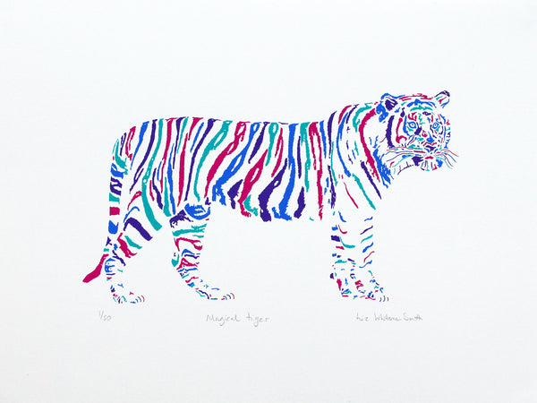 Brightly coloured  tiger screen print by Liz Whiteman Smith