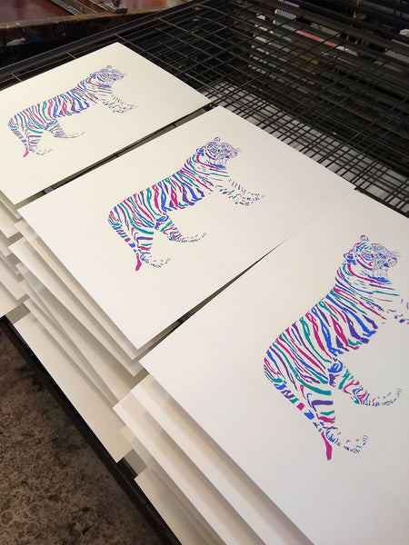 Brightly coloured  tiger screen print by Liz Whiteman Smith