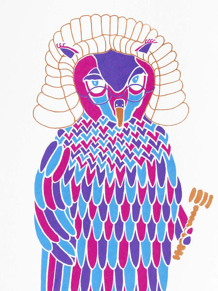 Serious owl judge in a barrister's wig and glasses
