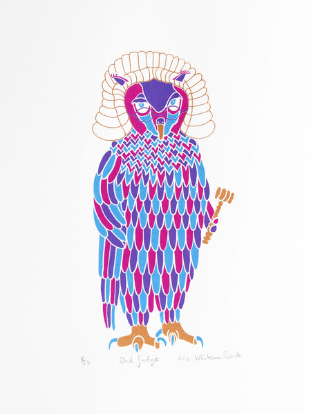 Serious owl judge in a barrister's wig and glasses