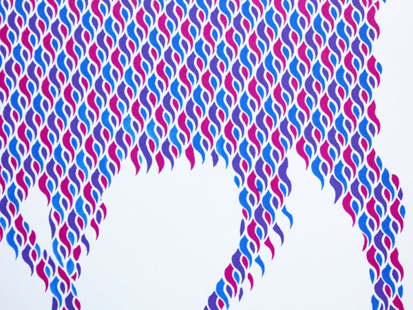 Pink screen print of a llama by Liz Whiteman Smith