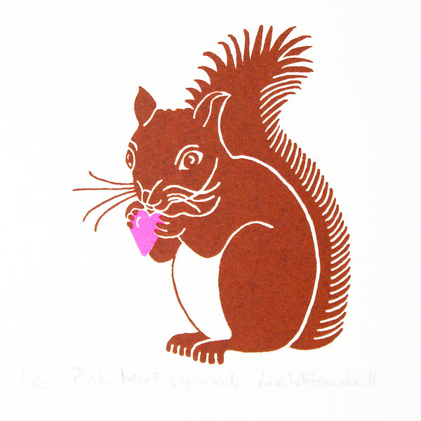 Brown squirrel clutching a pink heart