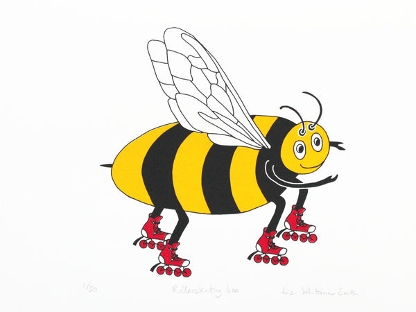 A print of a bumble bee on red roller skates