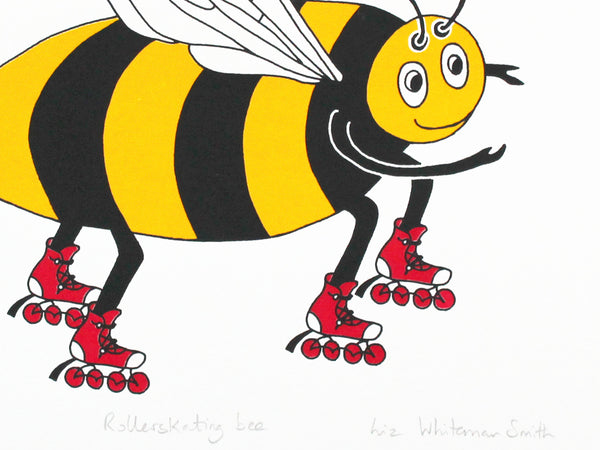 A print of a bumble bee on red roller skates