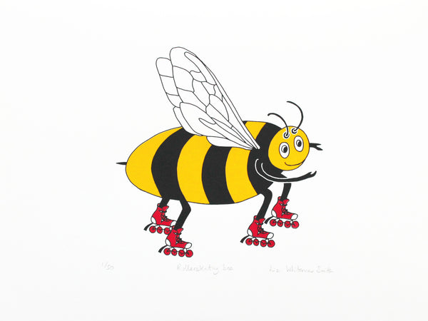 A print of a bumble bee on red roller skates