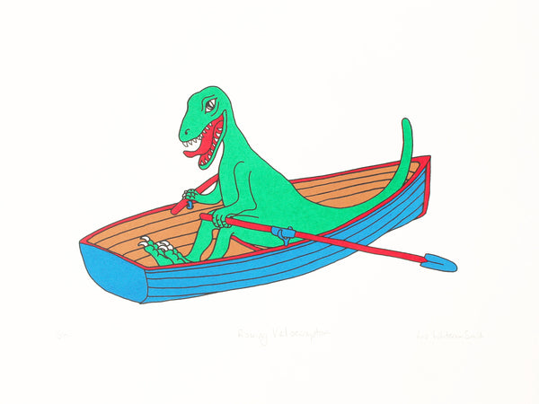 Green velociraptor rowing a blue boat, 5 colour screen print on Heritage white 315 gsm, 40x30cm, Limited edition of 50
