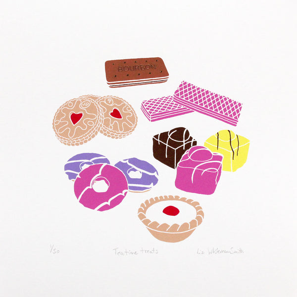 Tea time treats biscuit and cake screen print by Liz Whiteman Smith bourbons, fondant fancies, jammie dodgers, pink wafers, cherry bakewell, party rings