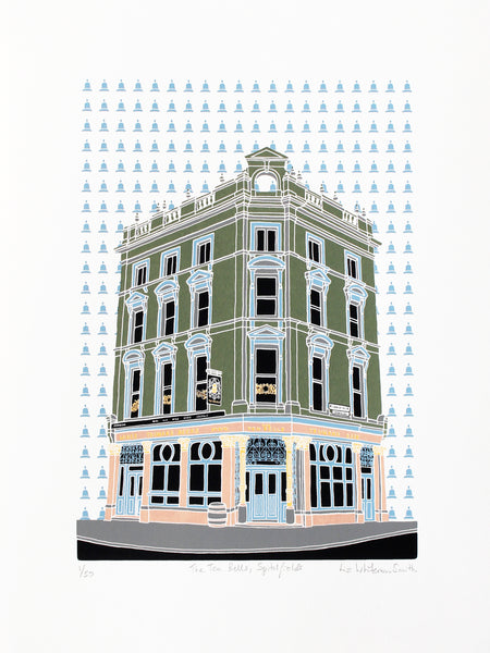 Screen print of the Ten Bells pub in Spitalfields  by Liz Whiteman Smith