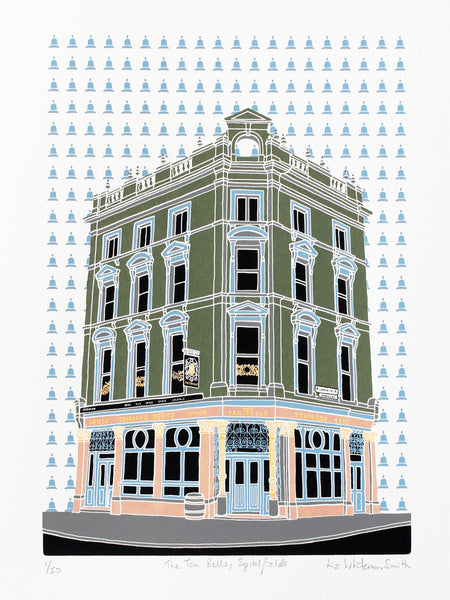 Screen print of the Ten Bells pub in Spitalfields  by Liz Whiteman Smith