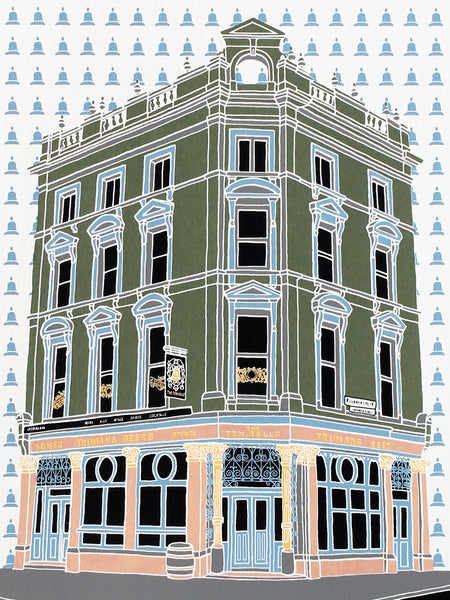 Screen print of the Ten Bells pub in Spitalfields  by Liz Whiteman Smith