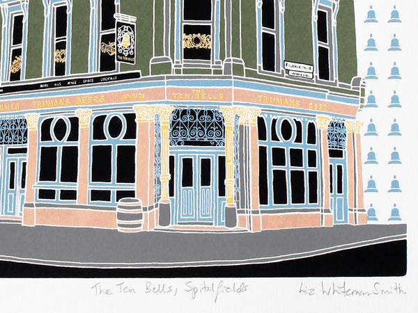 Screen print of the Ten Bells pub in Spitalfields  by Liz Whiteman Smith