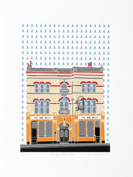 Bow bells pub screen print by Liz Whiteman Smith